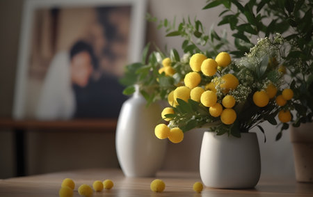 A bouquet of yellow flowers in a vase on the tableの素材