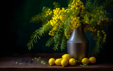 Mimosa flowers in vase and lemons on wooden tableの素材