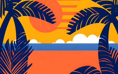 Tropical background with palm leaves and sunset. Vector illustration.の素材