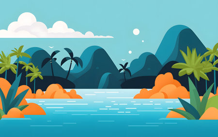 Tropical island with palms. Vector illustration in flat cartoon styleの素材