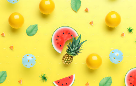 Creative layout made of watermelon, pineapple and marmalade on yellow background. Flat lay, top view minimal summer concept.の素材