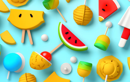 Summer background with ice cream, watermelon and pineapple. Top view. 3d illustrationの素材