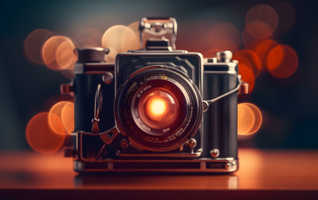Vintage camera on wooden table with bokeh lights background.の素材