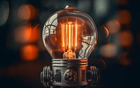 Vintage glowing lamp on a dark background. Filtered image processed vintage effect.の素材