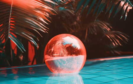Crystal ball with palm leaves on swimming pool background. 3d renderingの素材