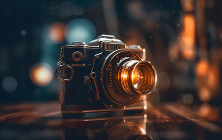 Old retro camera on a wooden table. Picture in old color picture style.の素材