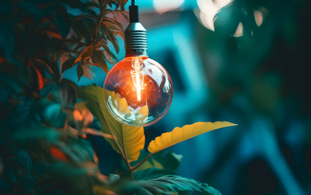 Incandescent light bulb with green leaves background in the garden.の素材