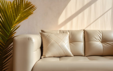 Sofa with pillows and palm leaf on white wall backgroundの素材