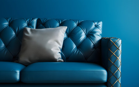 Luxury blue leather sofa with pillows on blue wall backgroundの素材