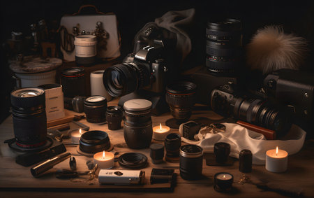 Photographer equipment on a wooden table. Vintage camera, lens, flash and other equipment.の素材