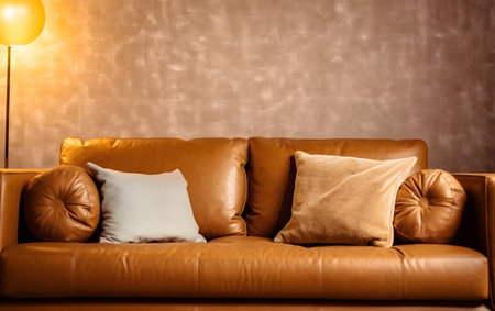 Brown leather sofa with pillows and lamp on brown wall background.の素材