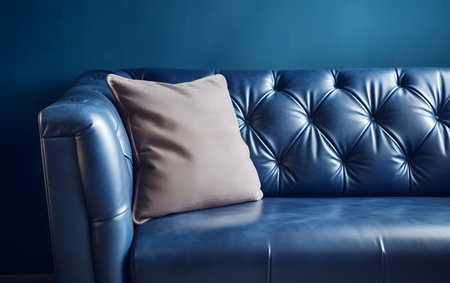 Luxury sofa with pillows on blue wall background, closeupの素材