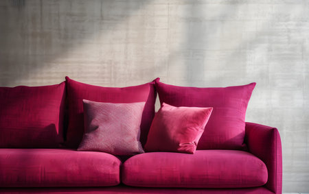 Pink pillows on a pink sofa in a modern living room.の素材