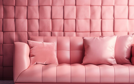 Pink leather sofa with pillows on pink wall background, closeupの素材