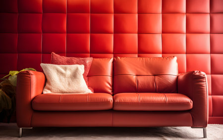 Red leather sofa with pillows in modern living room, closeupの素材