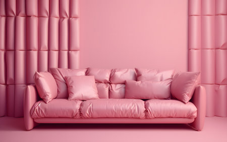 Pink sofa with pink pillows in pink room. 3d renderingの素材