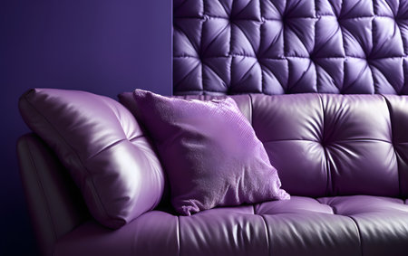 Purple leather sofa with pillows in modern living room, close upの素材