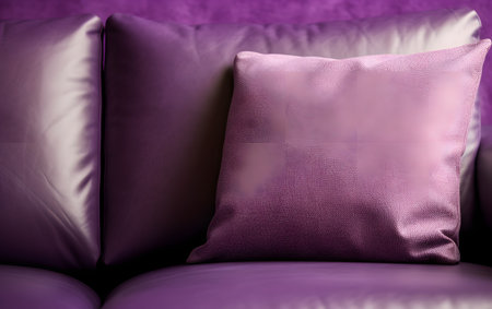 Purple leather sofa with pillows, close-up, soft focusの素材