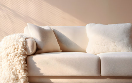 Comfortable sofa with pillows on light wall background, closeupの素材