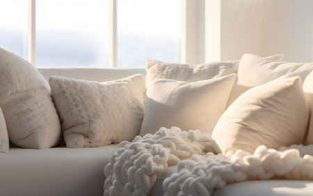 White pillows on sofa in living room, interior design concept.の素材