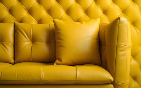 Yellow leather sofa with pillows, close-up, soft focusの素材