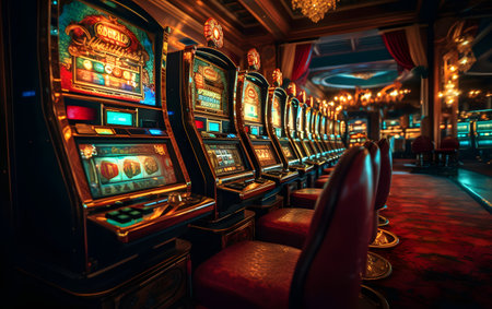 Luxury casino interior with slot machines. Vintage style toned pictureの素材
