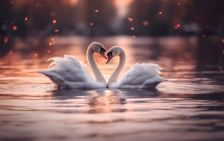 Two white swans swimming on the lake at sunset. Romantic couple of swans on the lake.の素材