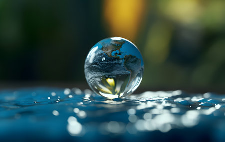 Crystal ball with water drop, close up. Global warming concept.の素材