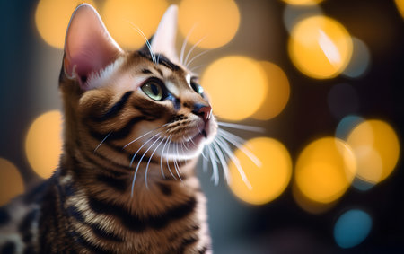 Bengal cat in front of bokeh lights background.の素材