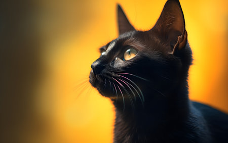 Portrait of a black cat on a yellow background. Shallow depth of field.の素材