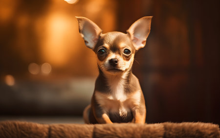 Funny little chihuahua puppy on a dark background.の素材