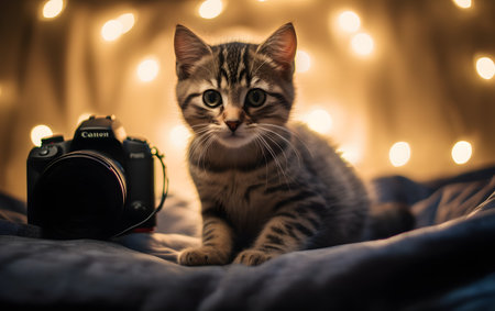Cute tabby kitten with camera on the bed at home.の素材