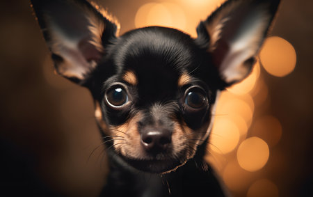 Portrait of a cute purebred puppy chihuahua on a bokeh backgroundの素材