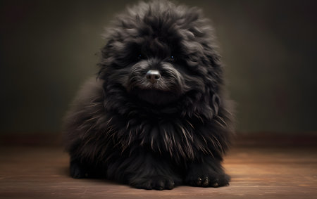 Studio portrait of a black shih tzu dog on dark backgroundの素材