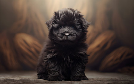 Portrait of a black terrier puppy on a brown background.の素材