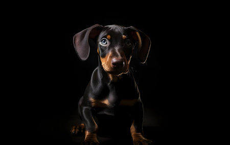 Portrait of a black dachshund puppy on a black backgroundの素材