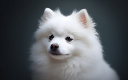 Portrait of a white pomeranian dog on a gray backgroundの素材