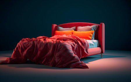Comfortable red armchair with orange pillows in a dark roomの素材
