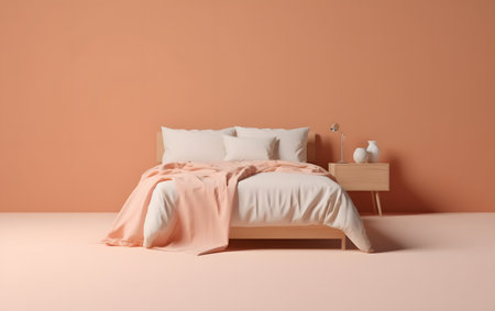 Bedroom interior with pink bedding and wooden bedside table. 3d renderingの素材