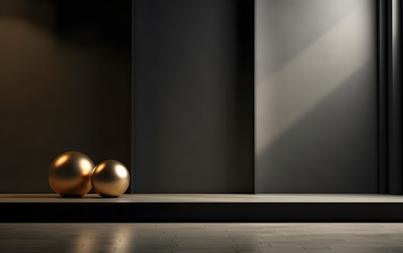 3d render of a room with a black wall and three golden ballsの素材
