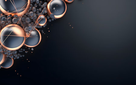 3d illustration of abstract geometric background with black and orange balls.の素材