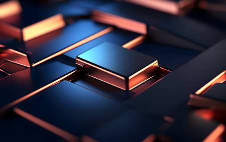 3D rendering of abstract geometric composition with glowing cubes in dark blue colorの素材