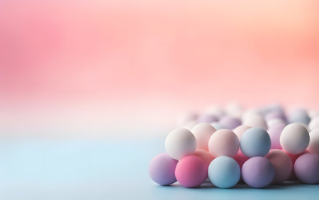 Colorful pastel balls on pastel pink and blue background.の素材