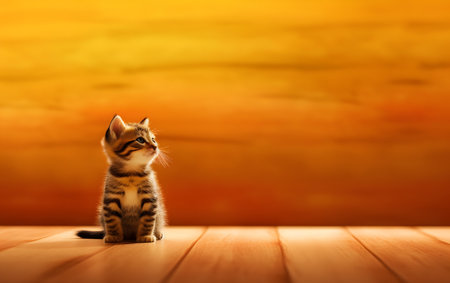 cute little bengal kitten sitting on wooden floor and looking upの素材