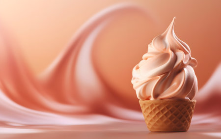 Soft ice cream in waffle cone on silk background, closeupの素材