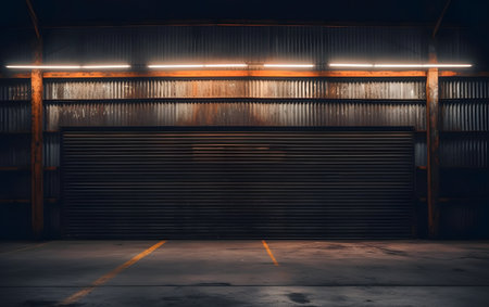 Empty warehouse with lights in the night. Industrial background. 3d renderingの素材