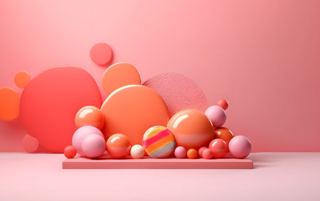 3d rendering of abstract minimal geometric shapes. Pink podium for product presentation. Minimal background.の素材