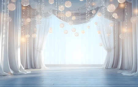 3D rendering of stage with white curtains and light bulbs in the roomの素材