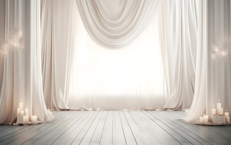 3d render interior room with white curtains and lit candles on stageの素材