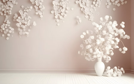 3d render of vase with white flowers on the wall.の素材